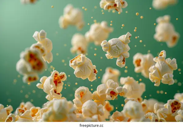 A handful of popcorn is suspended in mid-air against a green background
