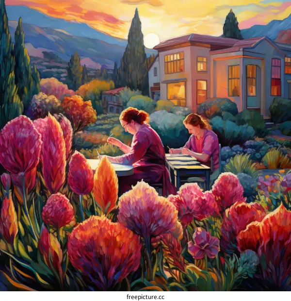 Two women are sitting in a garden and writing in their journals. The sun is setting in the background.