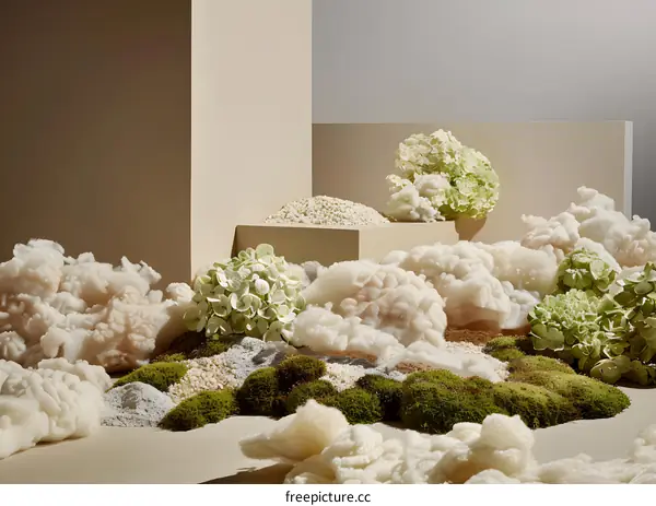 Minimalist Still Life with Hydrangeas and White Cotton