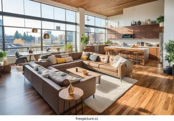 Modern apartment living room with large windows and city view
