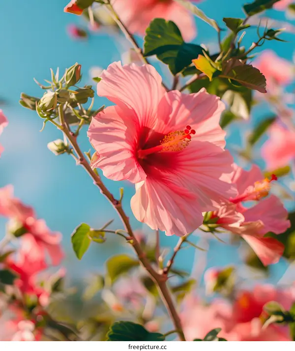 Close Up Pink Hibiscus Flower With Blue Sky Background