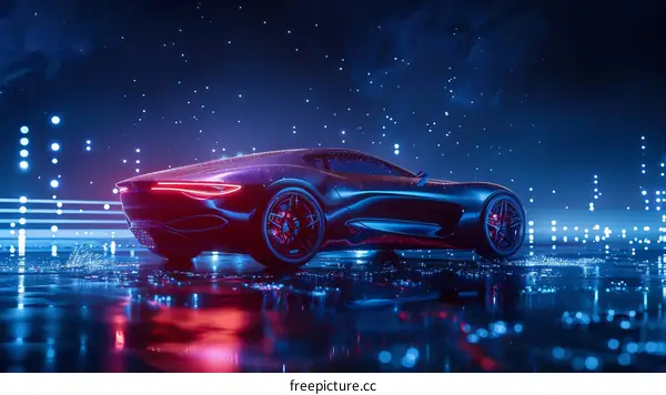 A Sleek Black Sports Car Drives Through a Rainy City Street at Night