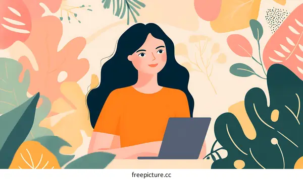 Woman Working on Laptop in a Floral Background