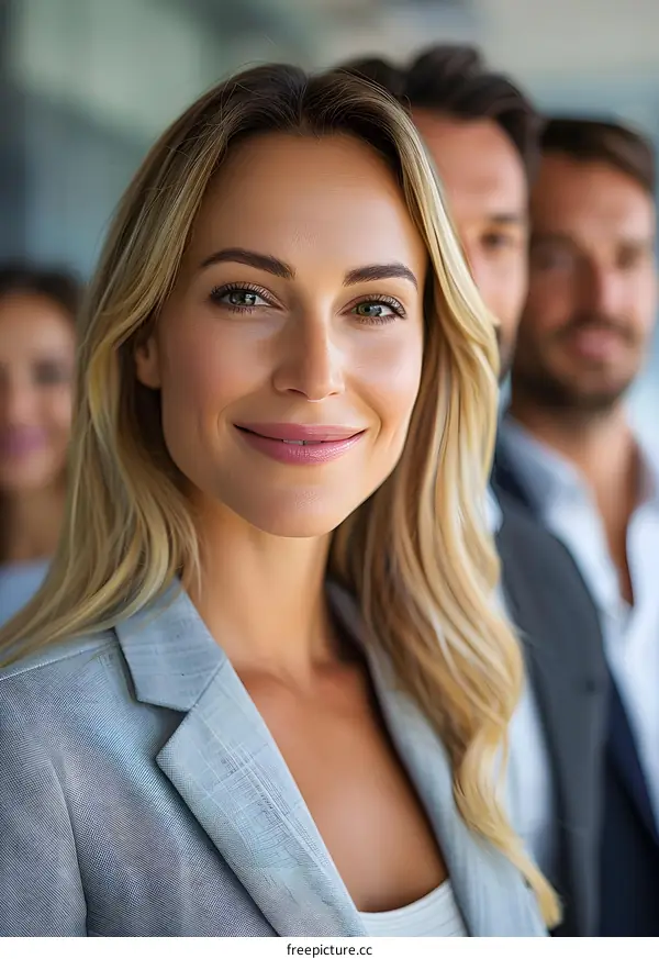 portrait of a smiling businesswoman with her colleagues in the background