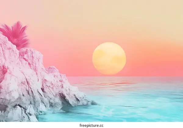 Pastel Sunset Over Ocean with Palm Tree