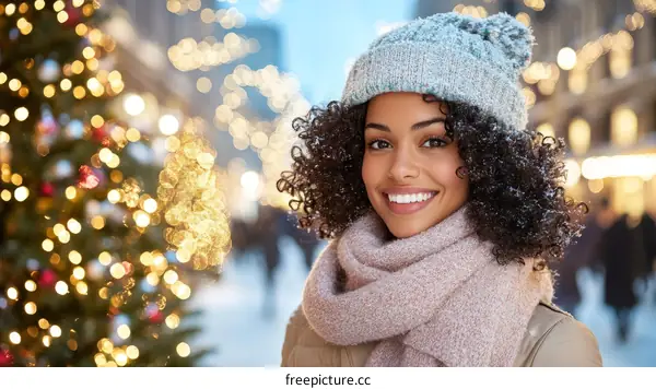Woman Smiling Outdoors in Winter Festive Setting