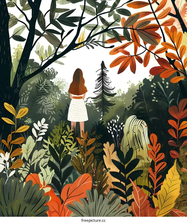 Woman Standing in a Lush Forest Illustration