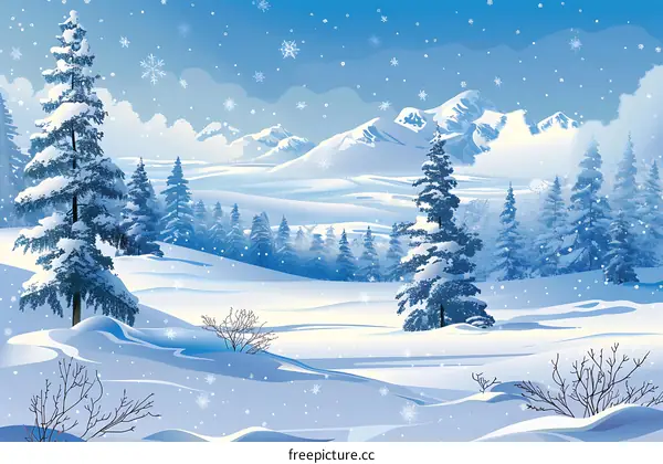 Winter Landscape with Snow Covered Mountains and Trees