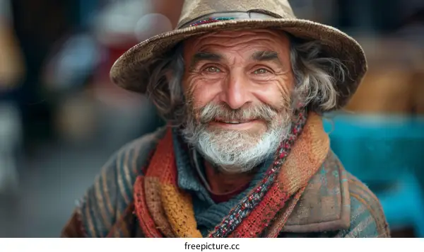 Portrait of an Elderly Man Wearing a Hat and Scarf Smiling