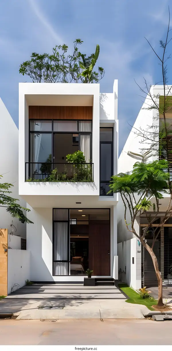 Modern White House with Green Plants and Balcony