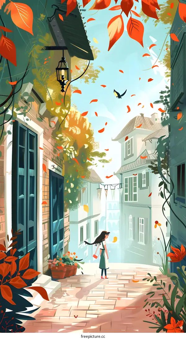 Autumn Leaves Falling on a Cobblestone Street