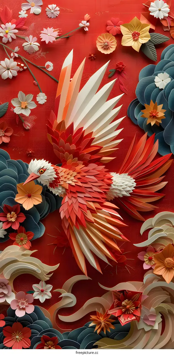 A red paper-cut phoenix flies among peony flowers.