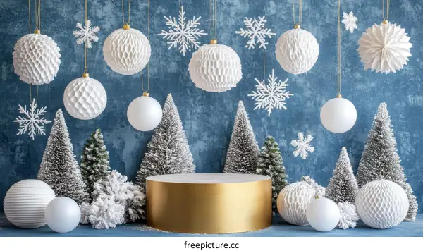 Christmas Decor Scene with White Ornaments and Trees