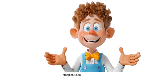 [Transparent Background PNG]3d cartoon character boy with curly brown hair blue eyes and freckles wearing white shirt and blue bowtie