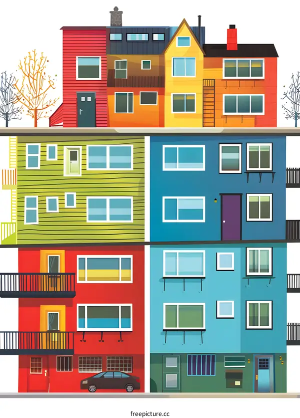Colorful Row of Houses Illustration