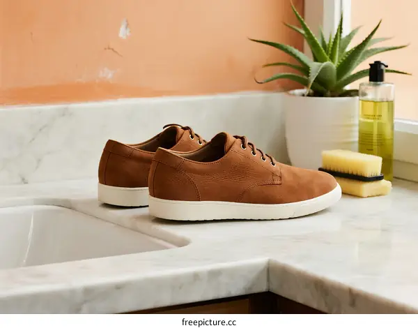 Brown casual shoes placed on marble countertop with cleaning supplies