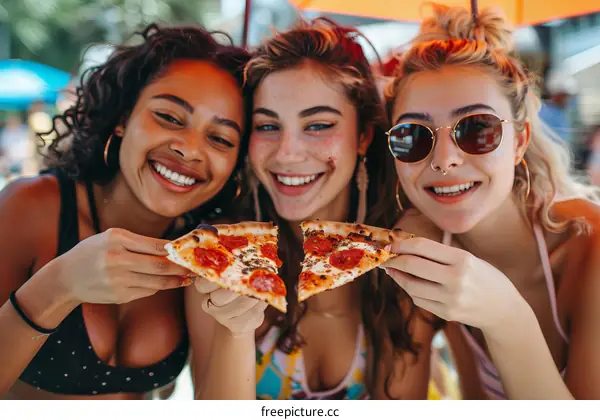 Three young women in swimsuits eating pizza