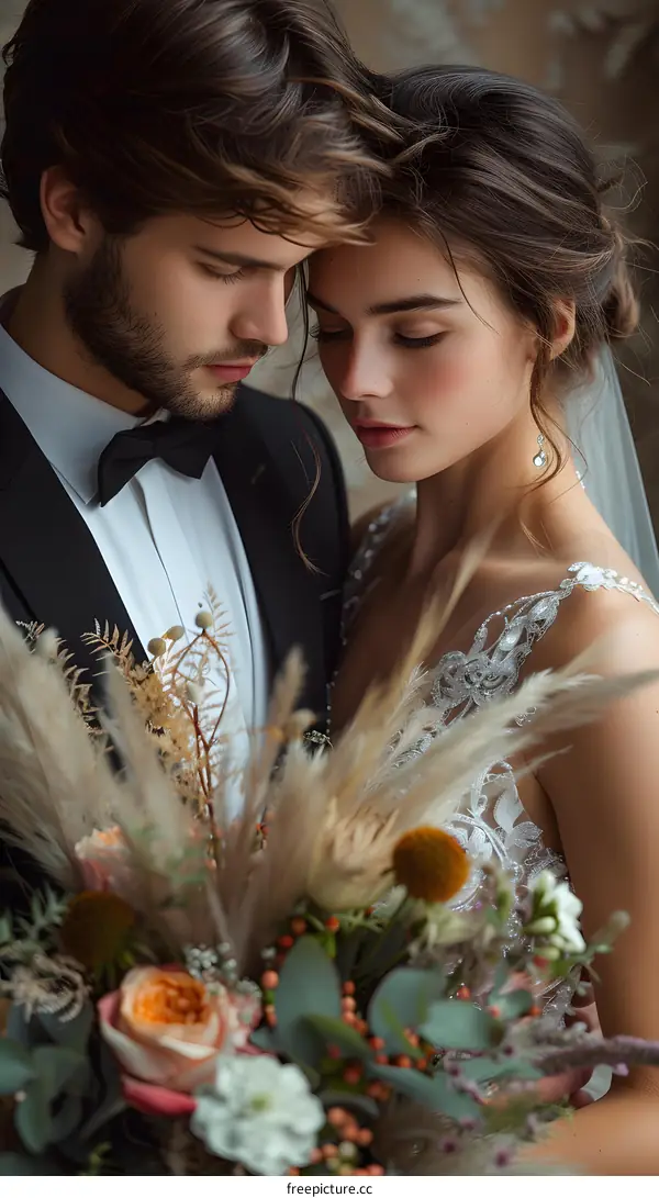 A beautiful bride and groom pose for a photo on their wedding day.