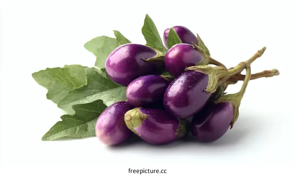 Fresh Purple Eggplant Cluster with Leaves