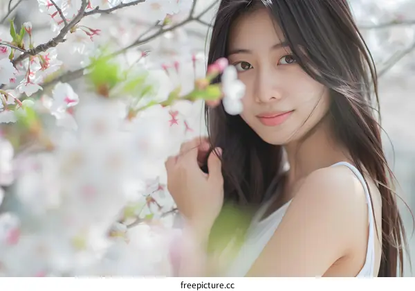 Young Asian Woman With Long Hair Posing In Front of  Cherry Blossoms