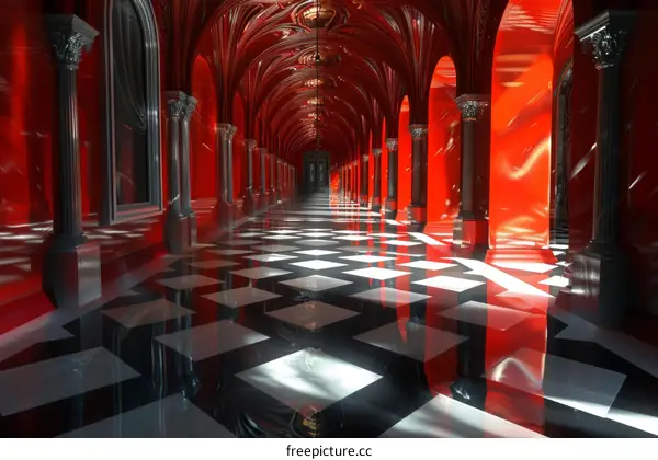 Red and Black Checkered Floor Tiles in a Grand Hallway