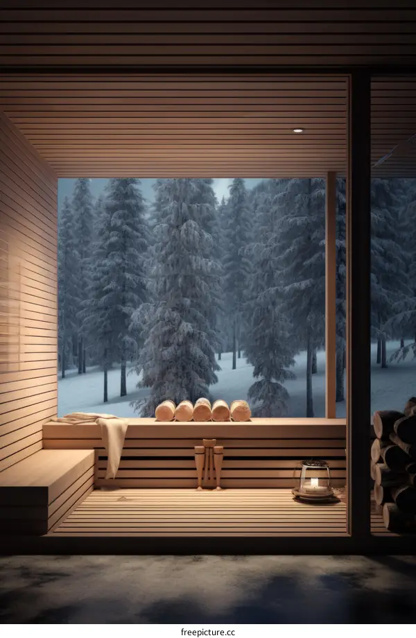 Wooden sauna with a view of the snowy forest
