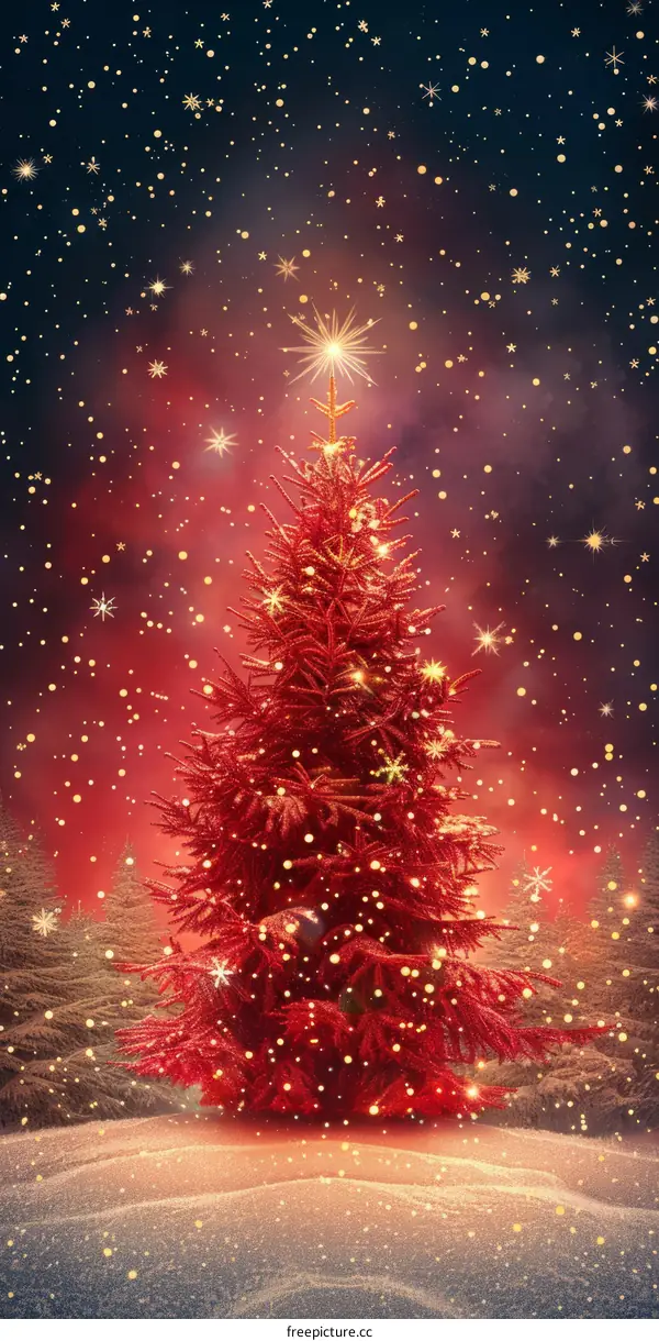 Red Christmas Tree in a Snowy Night