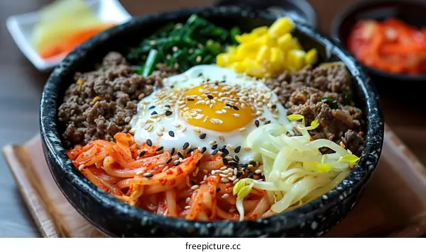 Sizzling Korean Bibimbap with egg, kimchi and vegetables