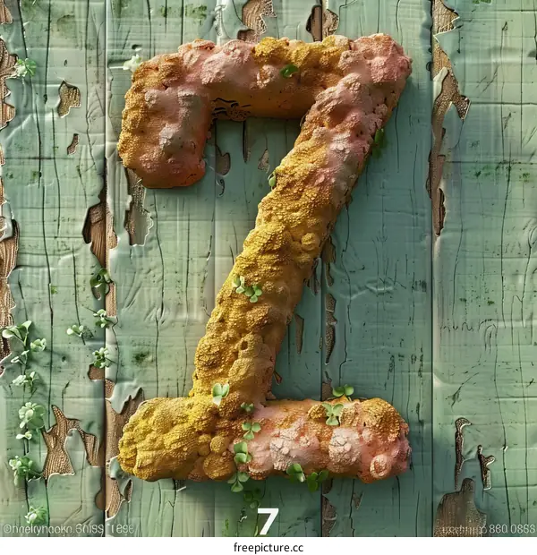 Green Moss Growing on a Wooden Fence in the Shape of Number 7