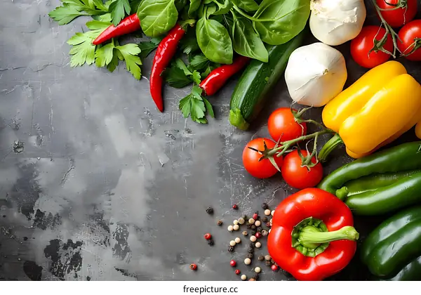 Fresh Vegetables and Herbs on Grey Background