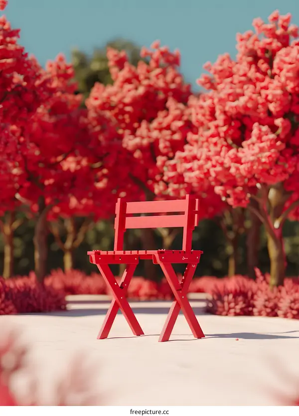 Red Chair in a Pink Tree Forest