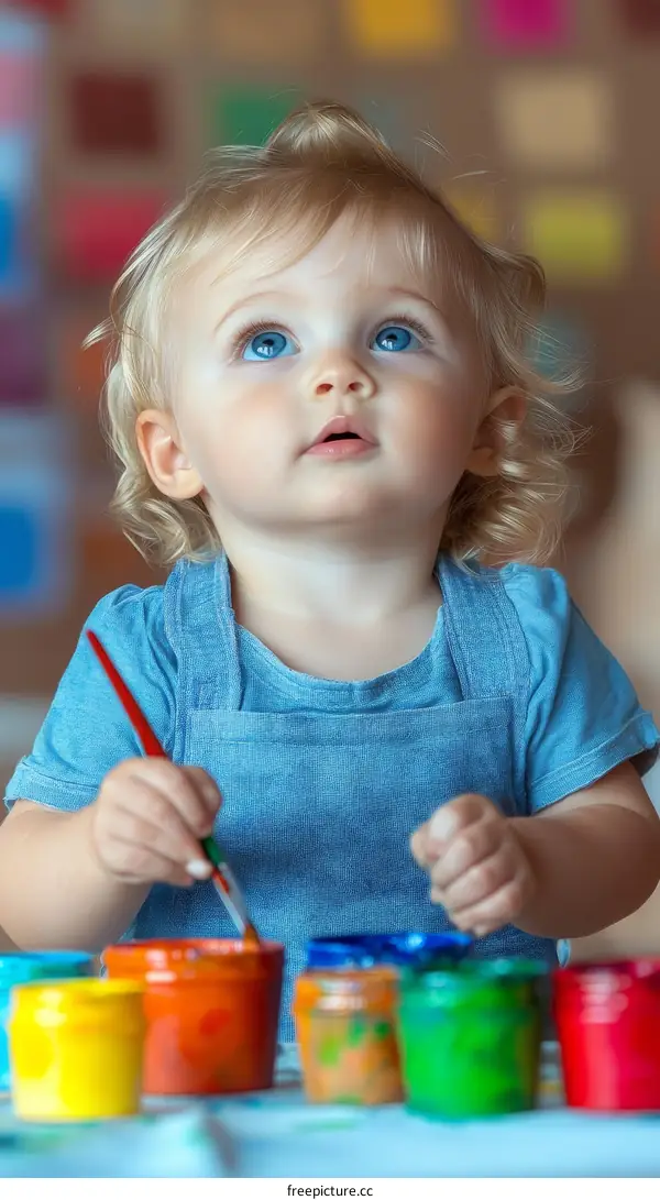 Cute Baby Girl Painting with Colorful Paints