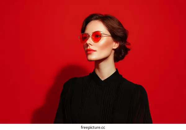 Fashionable Woman in Black Dress with Red Sunglasses