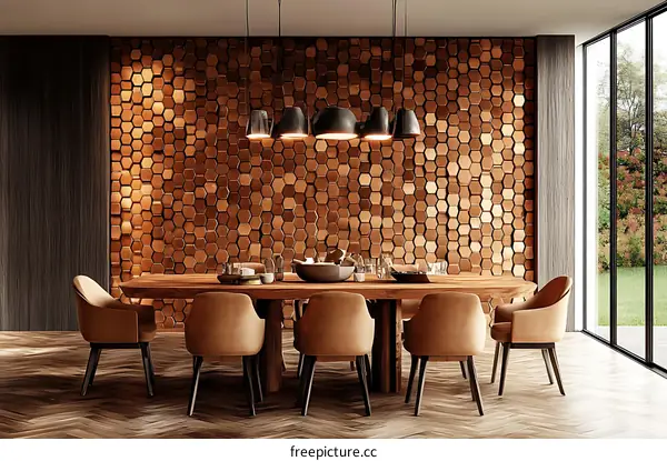 Modern Dining Room with Copper Hexagonal Wall Decor