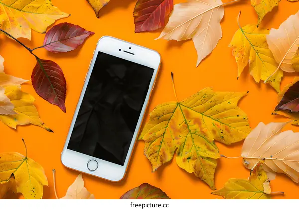 Autumn Leaves and Mobile Phone on Orange Background