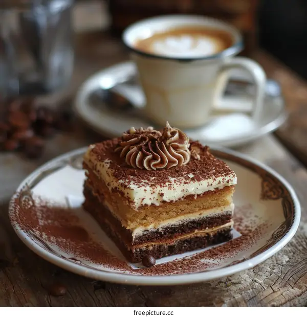 Tiramisu cake with coffee cup on wooden table