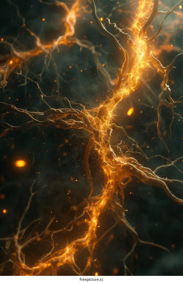 Abstract illustration of a fiery tree with glowing branches and particles