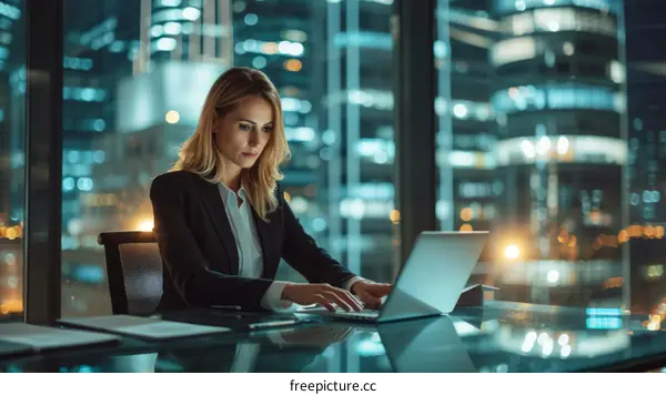 Businesswoman working late in her office using laptop computer