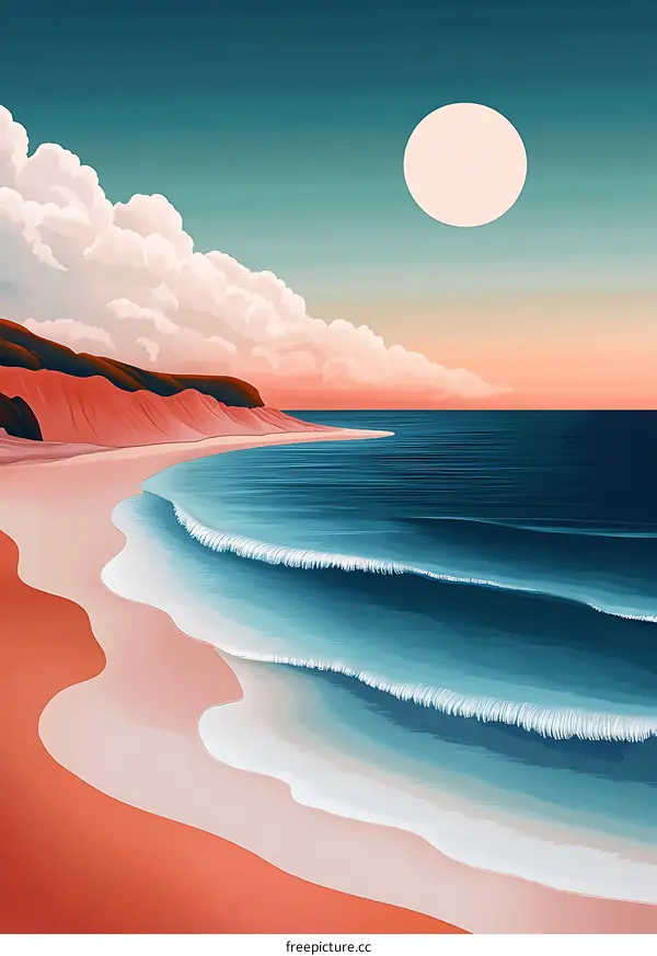 Ocean Sunset with Red Beach and Blue Waves Illustration