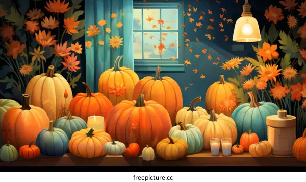 A beautiful illustration of pumpkins and flowers in a room