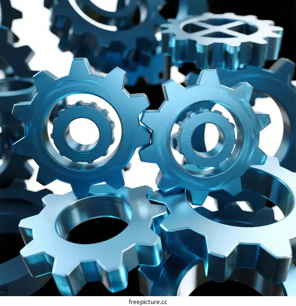 Close-up of blue gears working together in mechanical system