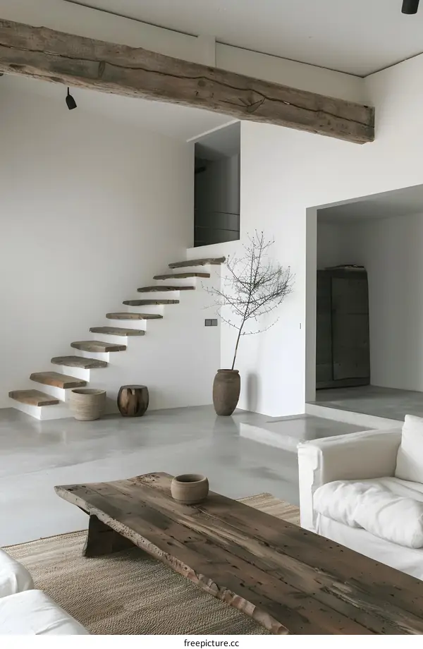 Minimalist Interior Design with Wooden Beam and Staircase
