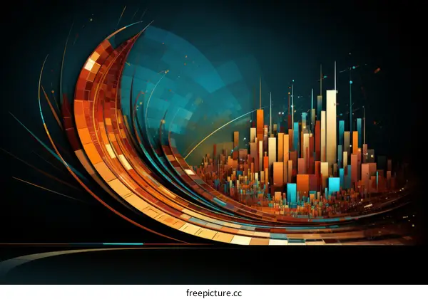 Blue and orange 3D illustration of a city with skyscrapers