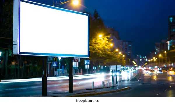 Blank Billboard Sign On Busy Street At Night