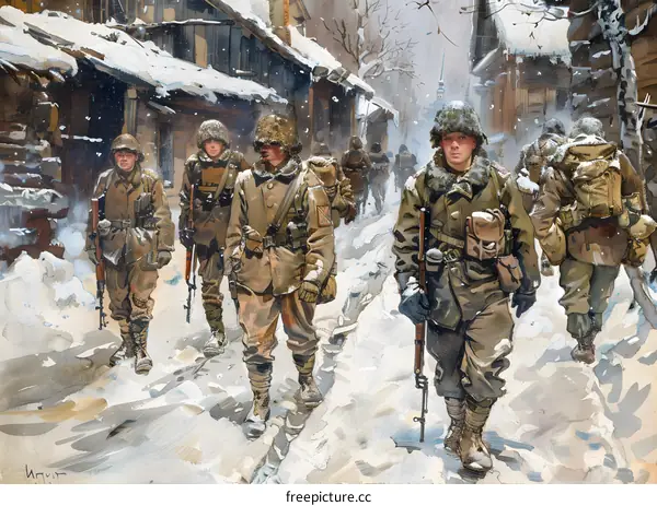 American soldiers walking through the snow in Bastogne during the Battle of the Bulge, World War II