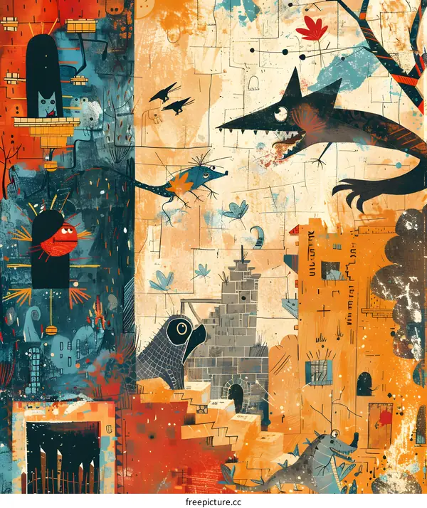 A Whimsical Illustrated World of Animals and Buildings