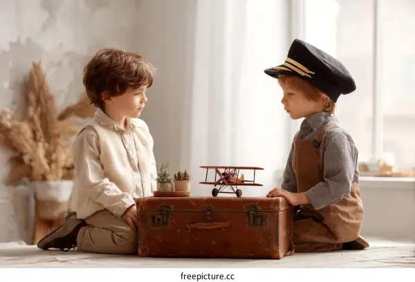 Two Caucasian Children Playing with a Toy Airplane Near a Vintage Suitcase