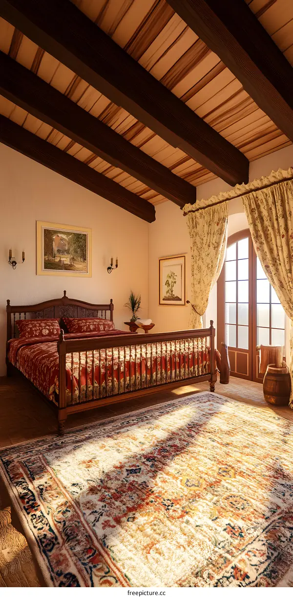 Rustic Bedroom Interior Design with Wooden Beams and a Large Bed