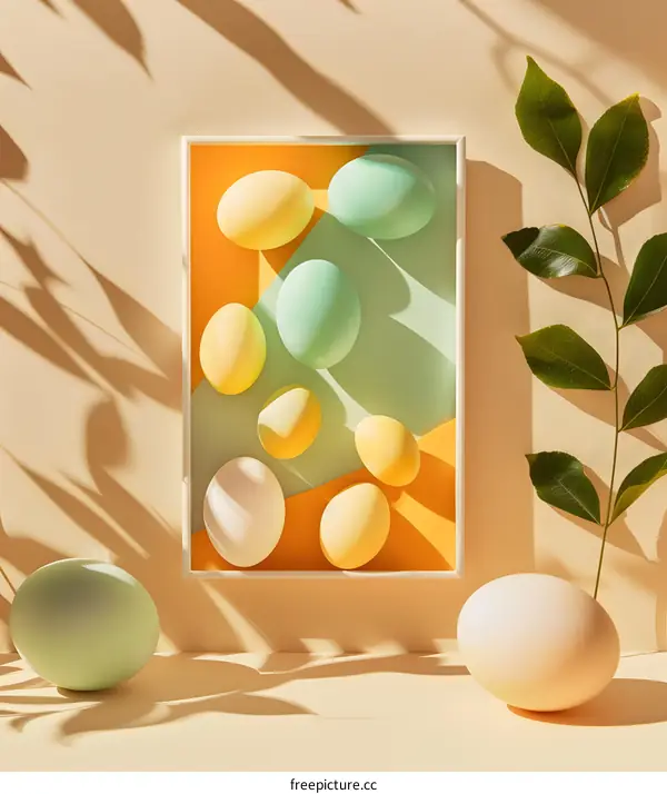 Pastel Easter Eggs in a White Frame with a Green Branch