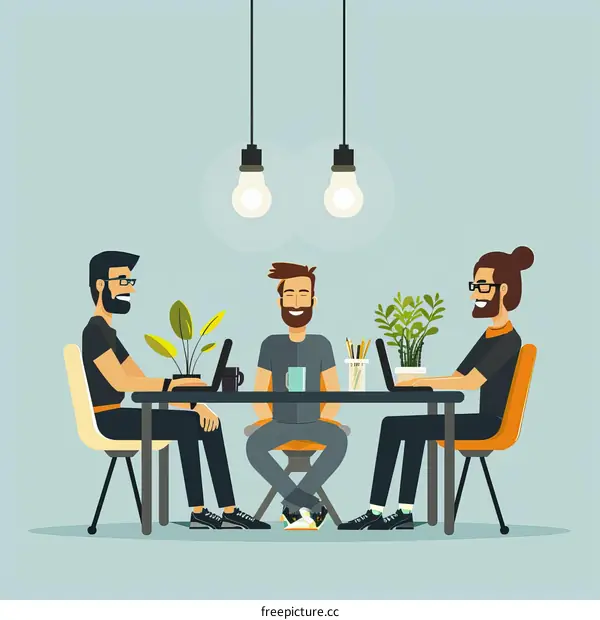 Three young men sitting at a table and talking